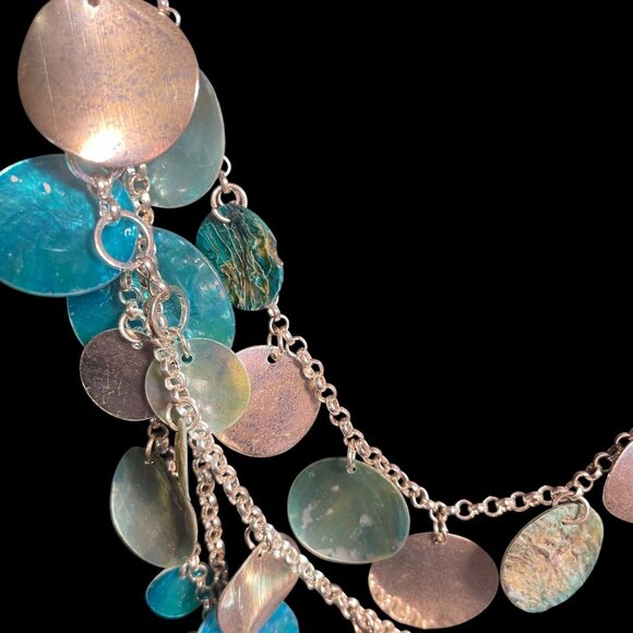 Boho Layered Shell Disc Necklace Earrings Set Blue Beachy Statement Jewelry - Picture 4 of 10